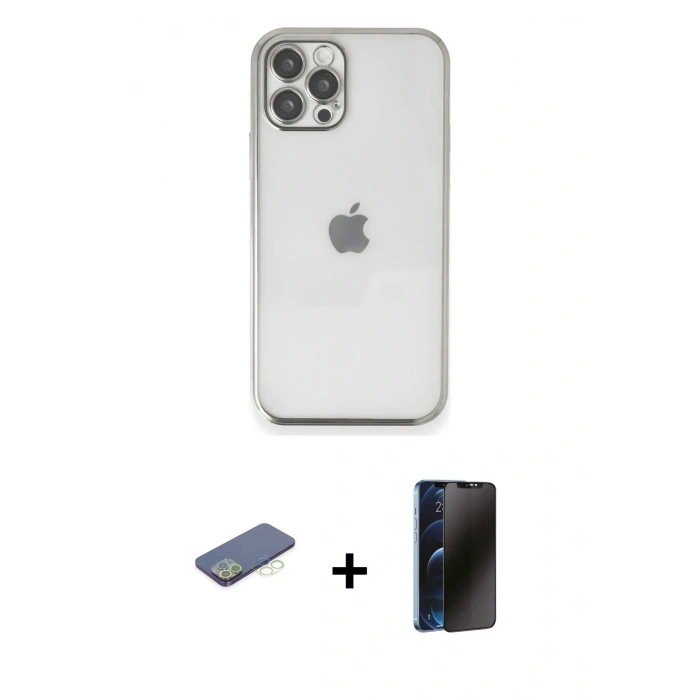 MARSİLYAN™- iPhone 12 Pro Kılıf Vadi Minimal - Siyah 3D Antistatik Hayalet Cam Ekran Koruyucu + Renkli Kamera Lens Koruma Cam - YL