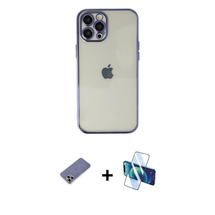MARSİLYAN™- iPhone 12 Pro Kılıf Vadi Minimal - Siyah 3D Antistatik Seramik Nano Ekran Koruyucu + Metal Kamera Lens Koruma Cam - GD