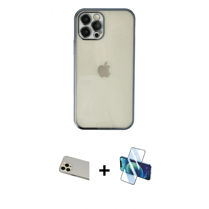 MARSİLYAN™- iPhone 12 Pro Kılıf Vadi Minimal - Siyah 3D Antistatik Seramik Nano Ekran Koruyucu + Rainbow Kamera Lens Koruma Cam - GD