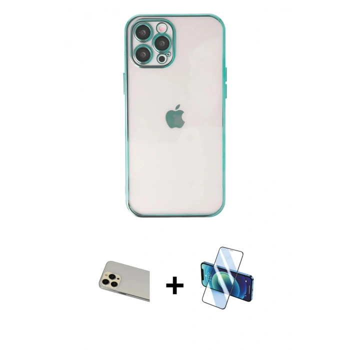 MARSİLYAN™- iPhone 12 Pro Kılıf Vadi Minimal - Siyah 3D Antistatik Seramik Nano Ekran Koruyucu + Rainbow Kamera Lens Koruma Cam - GD