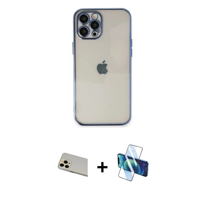MARSİLYAN™- iPhone 12 Pro Kılıf Vadi Minimal - Siyah 3D Antistatik Seramik Nano Ekran Koruyucu + Rainbow Kamera Lens Koruma Cam - GD