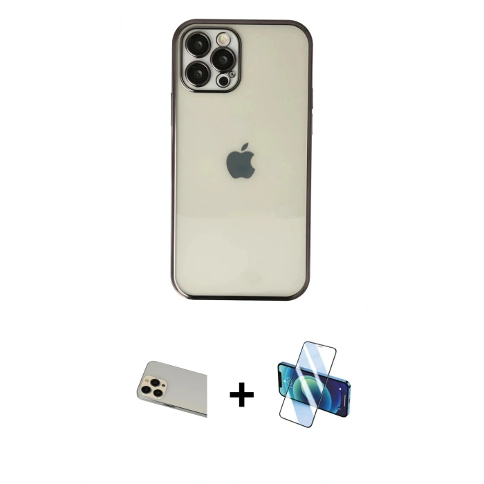 MARSİLYAN™- iPhone 12 Pro Kılıf Vadi Minimal - Siyah 3D Antistatik Seramik Nano Ekran Koruyucu + Rainbow Kamera Lens Koruma Cam - GD