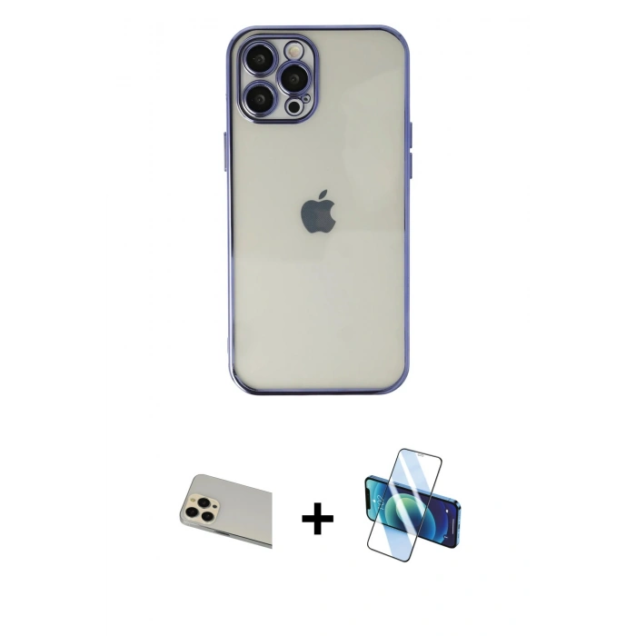 MARSİLYAN™- iPhone 12 Pro Kılıf Vadi Minimal - Siyah 3D Antistatik Seramik Nano Ekran Koruyucu + Rainbow Kamera Lens Koruma Cam - GD
