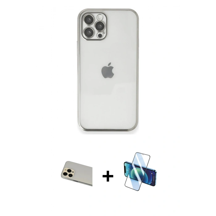MARSİLYAN™- iPhone 12 Pro Kılıf Vadi Minimal - Siyah 3D Antistatik Seramik Nano Ekran Koruyucu + Rainbow Kamera Lens Koruma Cam - GD