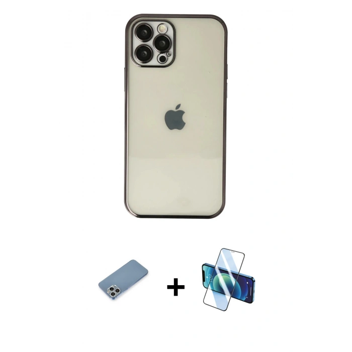 MARSİLYAN™- iPhone 12 Pro Kılıf Vadi Minimal - Siyah 3D Antistatik Seramik Nano Ekran Koruyucu + Shine Kamera Lens Koruma Cam - GS