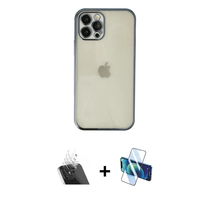 MARSİLYAN™- iPhone 12 Pro Kılıf Vadi Minimal - Siyah 3D Antistatik Seramik Nano Ekran Koruyucu + Kamera Lens Koruma Cam - SF