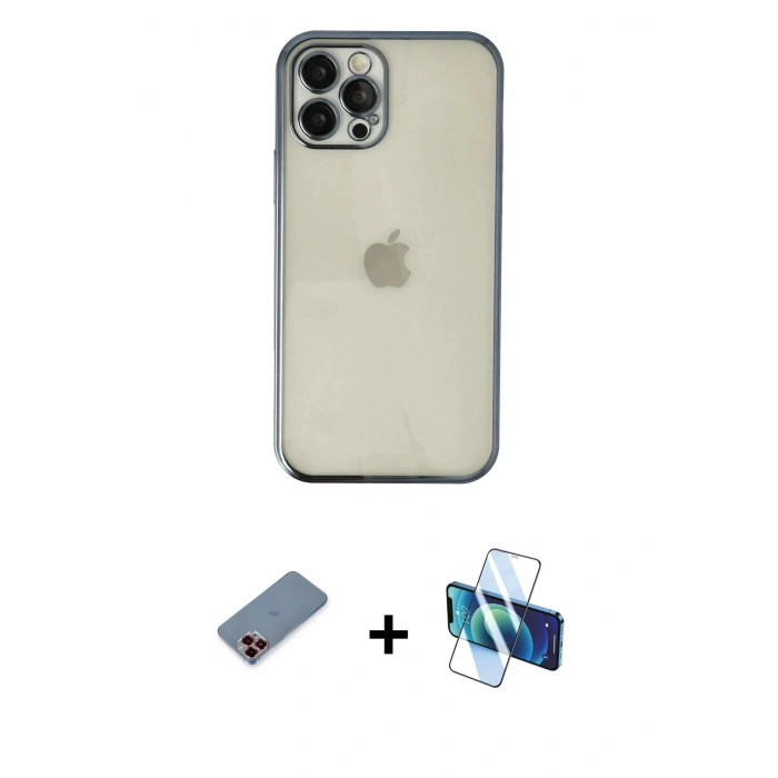 MARSİLYAN™- iPhone 12 Pro Kılıf Vadi Minimal - Siyah 3D Antistatik Seramik Nano Ekran Koruyucu + Metal Kamera Lens Koruma Cam - KI