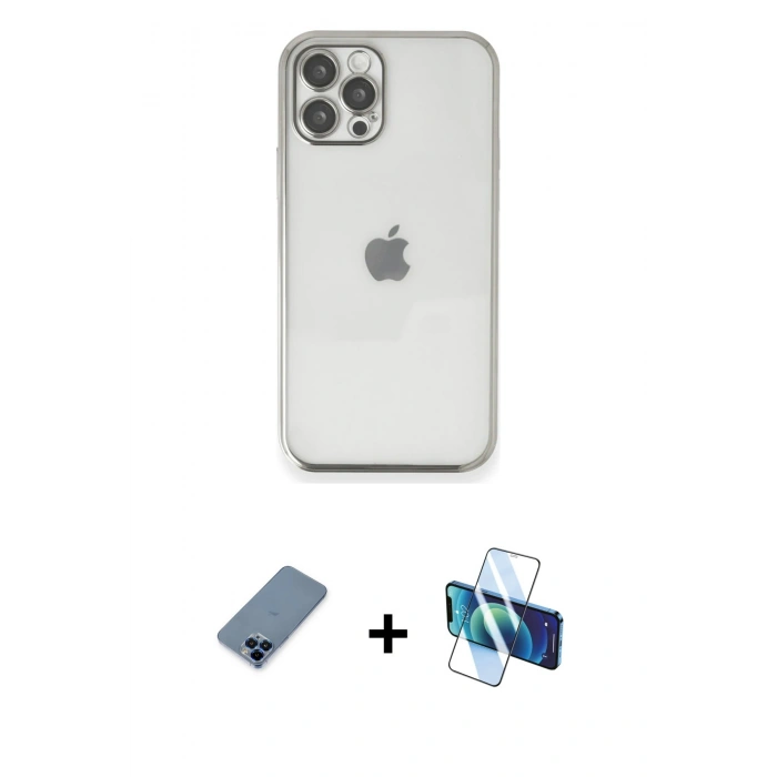 MARSİLYAN™- iPhone 12 Pro Kılıf Vadi Minimal - Siyah 3D Antistatik Seramik Nano Ekran Koruyucu + Metal Kamera Lens Koruma Cam - MI