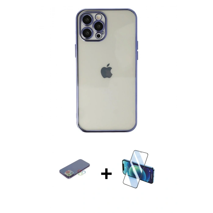 MARSİLYAN™- iPhone 12 Pro Kılıf Vadi Minimal - Siyah 3D Antistatik Seramik Nano Ekran Koruyucu + Renkli Kamera Lens Koruma Cam - MI