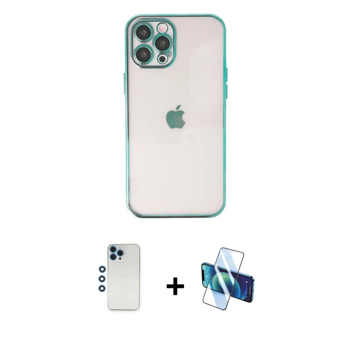 MARSİLYAN™- iPhone 12 Pro Kılıf Vadi Minimal - Siyah 3D Antistatik Seramik Nano Ekran Koruyucu + Mavi Shine Kamera Lens