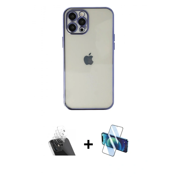 MARSİLYAN™- iPhone 12 Pro Kılıf Vadi Minimal - Siyah 3D Antistatik Seramik Nano Ekran Koruyucu + Kamera Lens Koruma Cam - SF