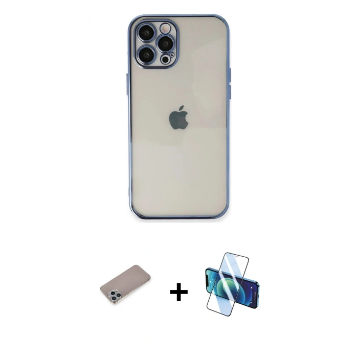 MARSİLYAN™- iPhone 12 Pro Kılıf Vadi Minimal - Siyah 3D Antistatik Seramik Nano Ekran Koruyucu + Shine Kamera Lens Koruma Cam - SABE