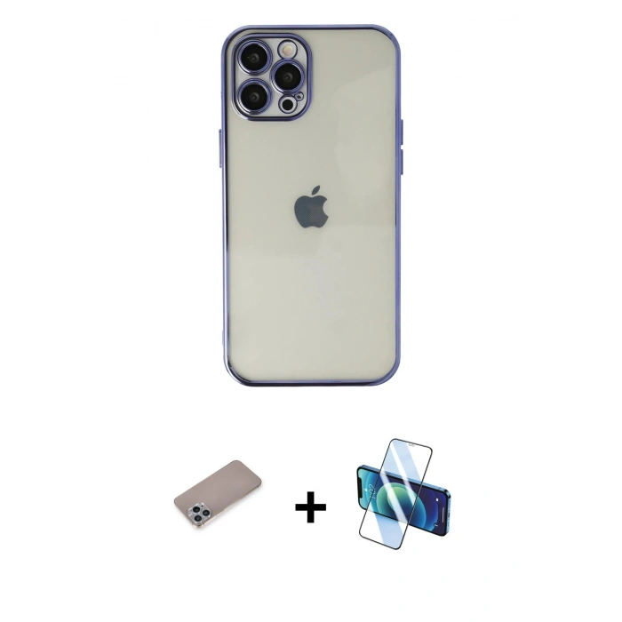 MARSİLYAN™- iPhone 12 Pro Kılıf Vadi Minimal - Siyah 3D Antistatik Seramik Nano Ekran Koruyucu + Shine Kamera Lens Koruma Cam - SABE