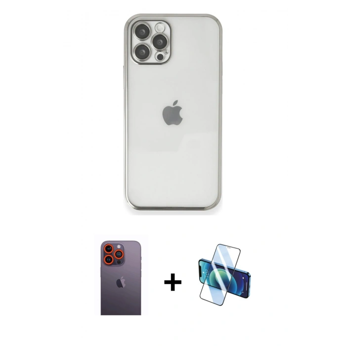 MARSİLYAN™- iPhone 12 Pro Kılıf Vadi Minimal - Siyah 3D Antistatik Seramik Nano Ekran Koruyucu + Neon Fosforlu Kamera Lens - TU