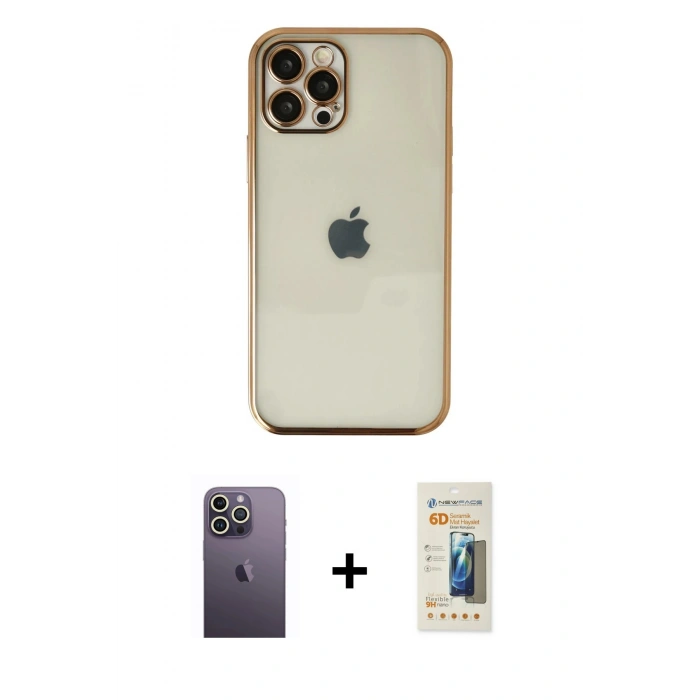 MARSİLYAN™- iPhone 12 Pro Kılıf Vadi Minimal - Siyah 6D Mat Seramik Hayalet Nano Ekran Koruyucu + Neon Fosforlu Kamera Lens - BZ