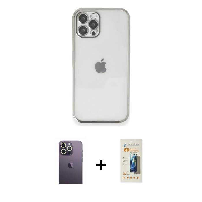 MARSİLYAN™- iPhone 12 Pro Kılıf Vadi Minimal - Siyah 6D Mat Seramik Hayalet Nano Ekran Koruyucu + Neon Fosforlu Kamera Lens - BZ