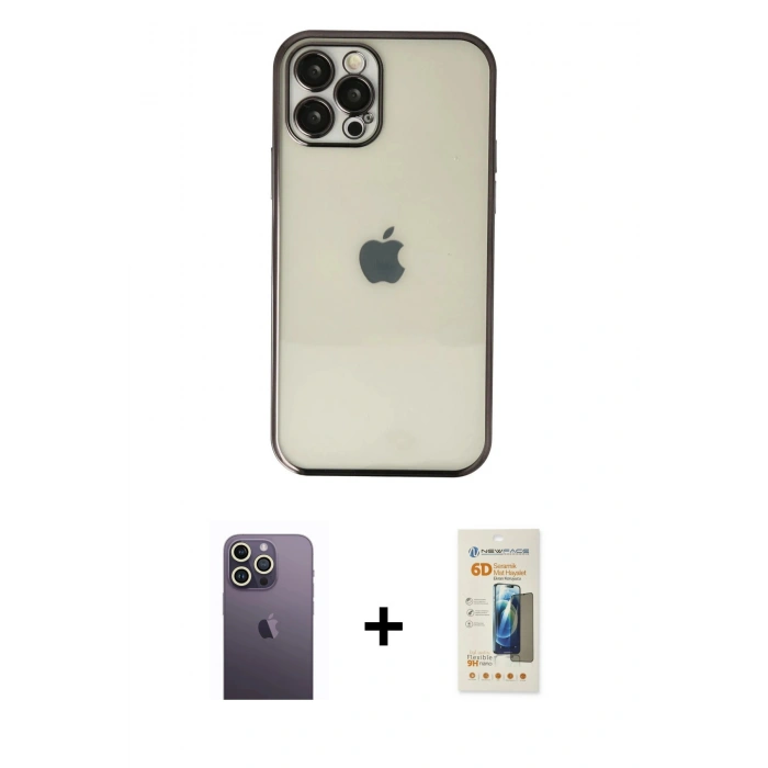 MARSİLYAN™- iPhone 12 Pro Kılıf Vadi Minimal - Siyah 6D Mat Seramik Hayalet Nano Ekran Koruyucu + Neon Fosforlu Kamera Lens - BZ