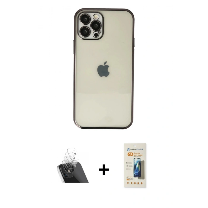 MARSİLYAN™- iPhone 12 Pro Kılıf Vadi Minimal - Siyah 6D Mat Seramik Hayalet Nano Ekran Koruyucu + Kamera Lens Koruma Cam - SF