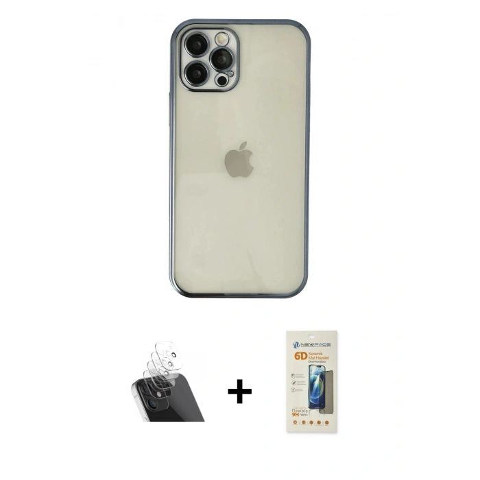 MARSİLYAN™- iPhone 12 Pro Kılıf Vadi Minimal - Siyah 6D Mat Seramik Hayalet Nano Ekran Koruyucu + Kamera Lens Koruma Cam - SF