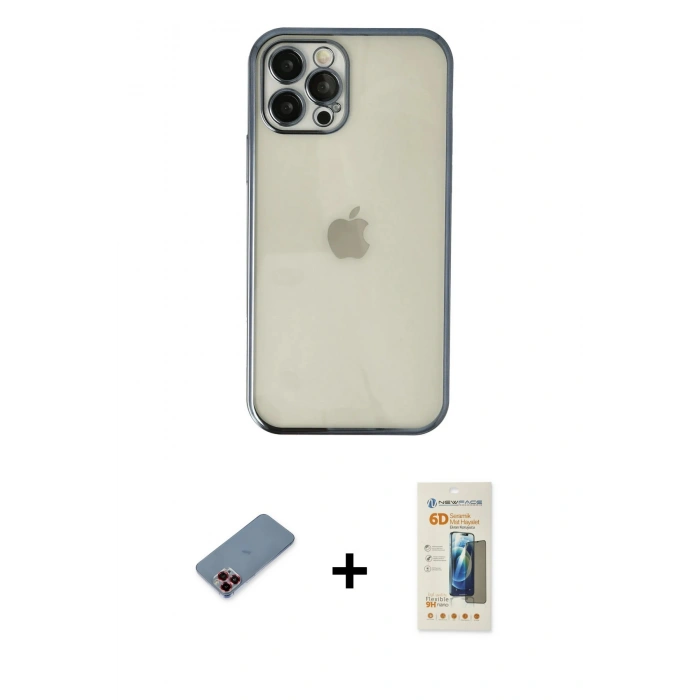 MARSİLYAN™- iPhone 12 Pro Kılıf Vadi Minimal - Siyah 6D Mat Seramik Hayalet Nano Ekran Koruyucu + Metal Kamera Lens Koruma Cam - KI