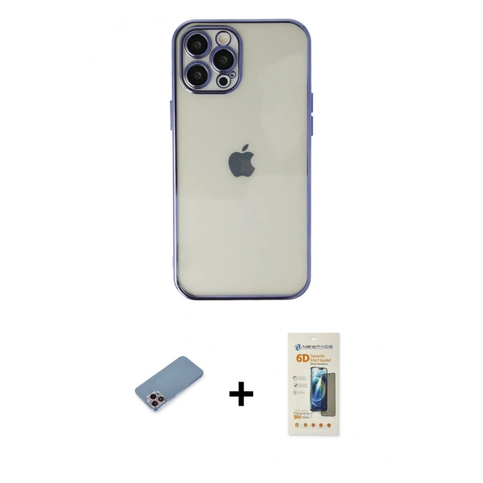 MARSİLYAN™- iPhone 12 Pro Kılıf Vadi Minimal - Siyah 6D Mat Seramik Hayalet Nano Ekran Koruyucu + Shine Kamera Lens Koruma Cam - PE
