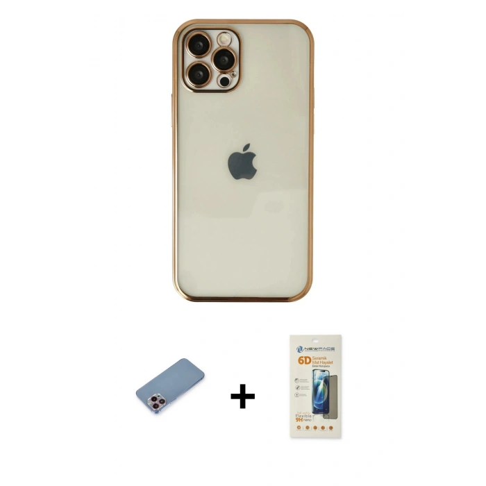MARSİLYAN™- iPhone 12 Pro Kılıf Vadi Minimal - Siyah 6D Mat Seramik Hayalet Nano Ekran Koruyucu + Shine Kamera Lens Koruma Cam - PE