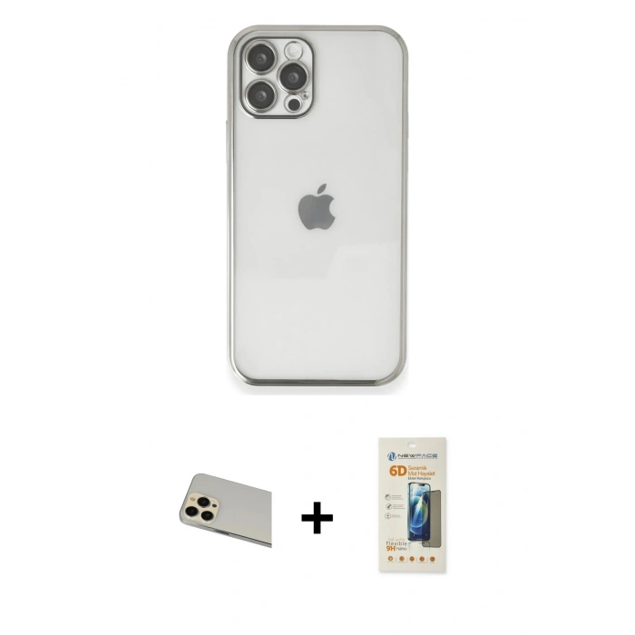 MARSİLYAN™- iPhone 12 Pro Kılıf Vadi Minimal - Siyah 6D Mat Seramik Hayalet Nano Ekran Koruyucu + Rainbow Kamera Lens Koruma Cam - GD