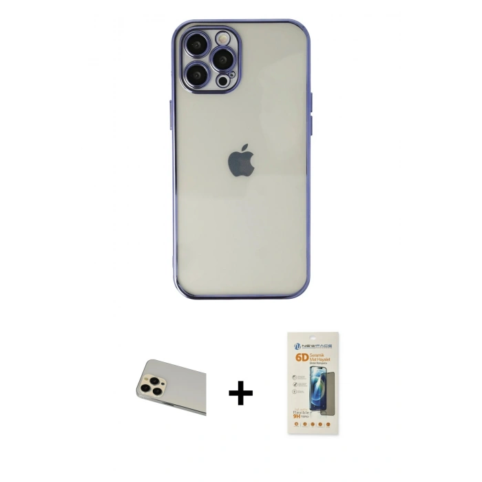 MARSİLYAN™- iPhone 12 Pro Kılıf Vadi Minimal - Siyah 6D Mat Seramik Hayalet Nano Ekran Koruyucu + Rainbow Kamera Lens Koruma Cam - GD