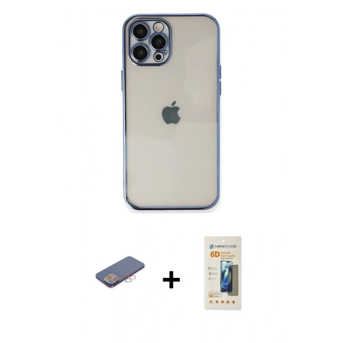 MARSİLYAN™- iPhone 12 Pro Kılıf Vadi Minimal - Siyah 6D Mat Seramik Hayalet Nano Ekran Koruyucu + Renkli Kamera Lens Koruma Cam - PE