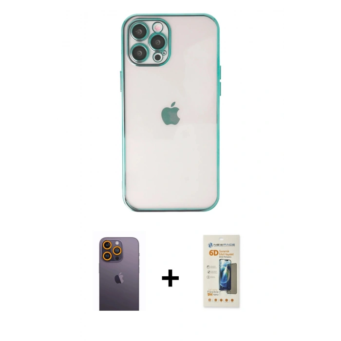 MARSİLYAN™- iPhone 12 Pro Kılıf Vadi Minimal - Siyah 6D Mat Seramik Hayalet Nano Ekran Koruyucu + Sarı Neon Fosforlu Kamera Lens