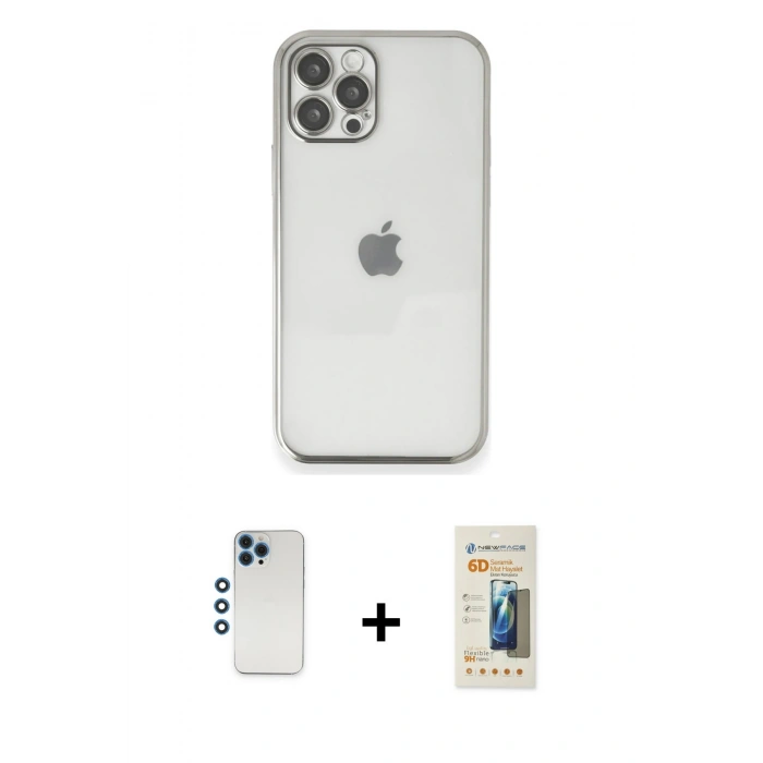 MARSİLYAN™- iPhone 12 Pro Kılıf Vadi Minimal - Siyah 6D Mat Seramik Hayalet Nano Ekran Koruyucu + Shine Kamera Lens - MI