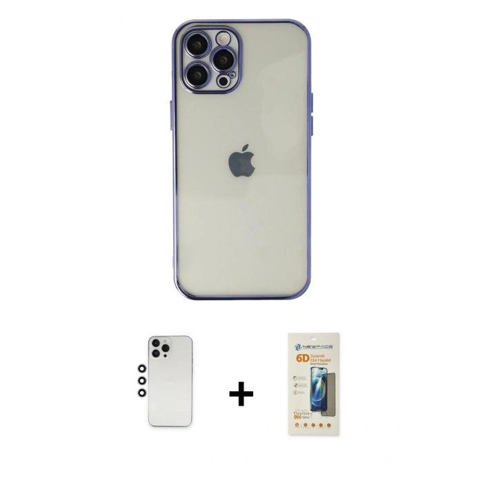 MARSİLYAN™- iPhone 12 Pro Kılıf Vadi Minimal - Siyah 6D Mat Seramik Hayalet Nano Ekran Koruyucu + Shine Kamera Lens - GS