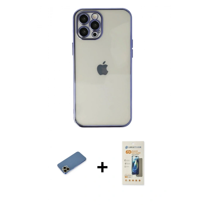 MARSİLYAN™- iPhone 12 Pro Kılıf Vadi Minimal - Siyah 6D Mat Seramik Hayalet Nano Ekran Koruyucu + Shine Kamera Lens Koruma Cam - GD