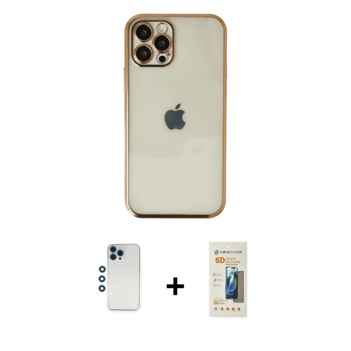 MARSİLYAN™- iPhone 12 Pro Kılıf Vadi Minimal - Siyah 6D Mat Seramik Hayalet Nano Ekran Koruyucu + Shine Kamera Lens - MI