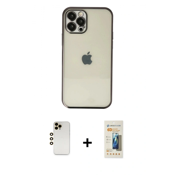MARSİLYAN™- iPhone 12 Pro Kılıf Vadi Minimal - Siyah 6D Mat Seramik Hayalet Nano Ekran Koruyucu + Shine Kamera Lens - GD