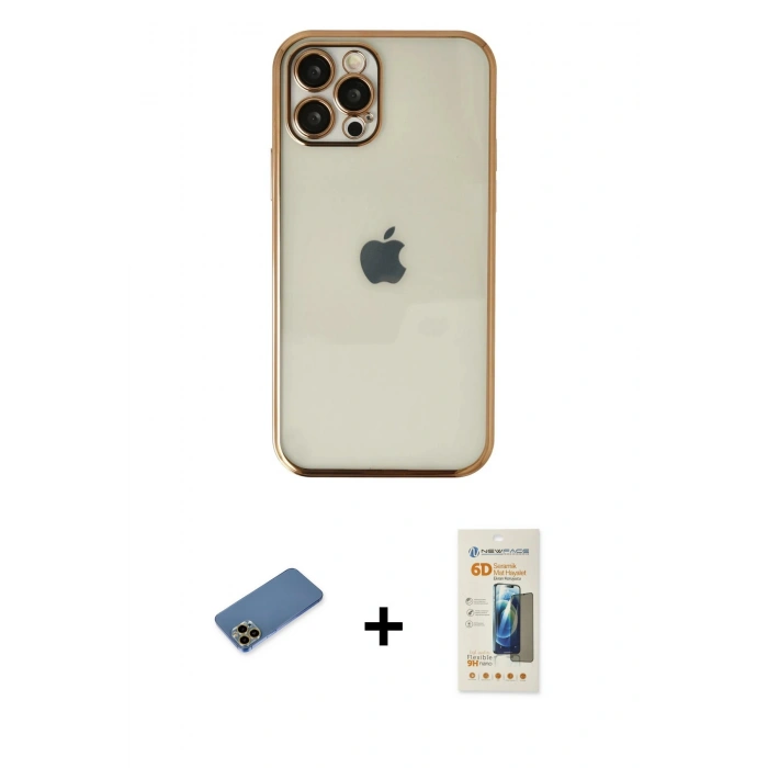 MARSİLYAN™- iPhone 12 Pro Kılıf Vadi Minimal - Siyah 6D Mat Seramik Hayalet Nano Ekran Koruyucu + Shine Kamera Lens Koruma Cam - GD