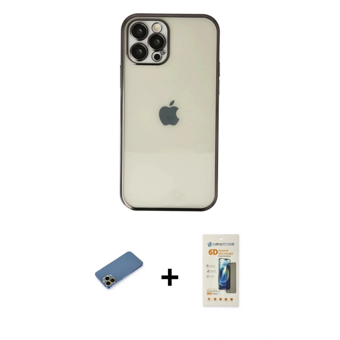 MARSİLYAN™- iPhone 12 Pro Kılıf Vadi Minimal - Siyah 6D Mat Seramik Hayalet Nano Ekran Koruyucu + Shine Kamera Lens Koruma Cam - GD
