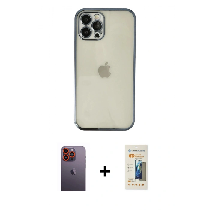 MARSİLYAN™- iPhone 12 Pro Kılıf Vadi Minimal - Siyah 6D Mat Seramik Hayalet Nano Ekran Koruyucu + Neon Fosforlu Kamera Lens - TU