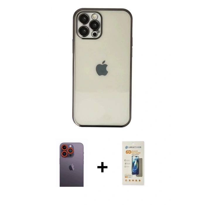 MARSİLYAN™- iPhone 12 Pro Kılıf Vadi Minimal - Siyah 6D Mat Seramik Hayalet Nano Ekran Koruyucu + Neon Fosforlu Kamera Lens - TU