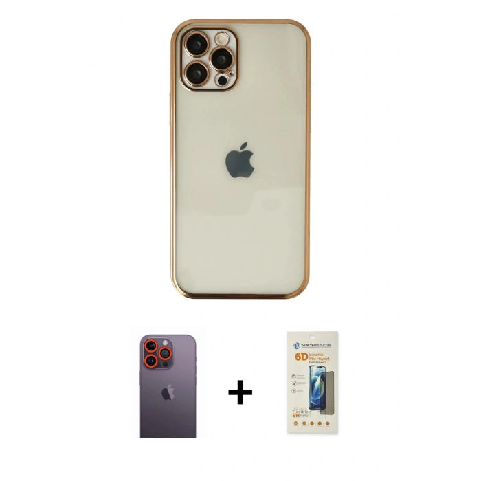 MARSİLYAN™- iPhone 12 Pro Kılıf Vadi Minimal - Siyah 6D Mat Seramik Hayalet Nano Ekran Koruyucu + Neon Fosforlu Kamera Lens - TU