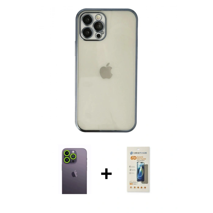 MARSİLYAN™- iPhone 12 Pro Kılıf Vadi Minimal - Siyah 6D Mat Seramik Hayalet Nano Ekran Koruyucu + Neon Fosforlu Kamera Lens - YL