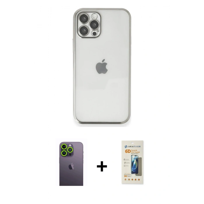 MARSİLYAN™- iPhone 12 Pro Kılıf Vadi Minimal - Siyah 6D Mat Seramik Hayalet Nano Ekran Koruyucu + Neon Fosforlu Kamera Lens - YL