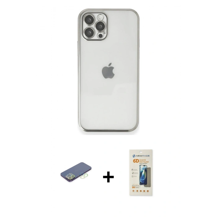 MARSİLYAN™- iPhone 12 Pro Kılıf Vadi Minimal - Siyah 6D Mat Seramik Hayalet Nano Ekran Koruyucu + Renkli Kamera Lens Koruma Cam - YL