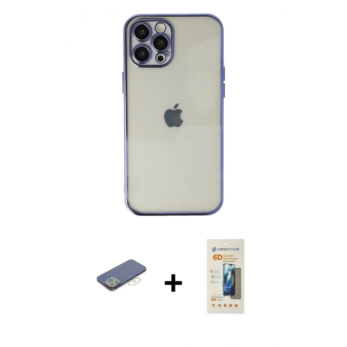 MARSİLYAN™- iPhone 12 Pro Kılıf Vadi Minimal - Siyah 6D Mat Seramik Hayalet Nano Ekran Koruyucu + Renkli Kamera Lens Koruma Cam - YL