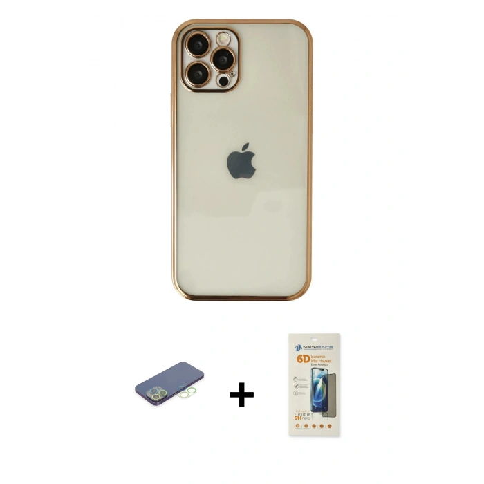 MARSİLYAN™- iPhone 12 Pro Kılıf Vadi Minimal - Siyah 6D Mat Seramik Hayalet Nano Ekran Koruyucu + Renkli Kamera Lens Koruma Cam - YL