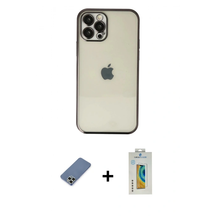 MARSİLYAN™- iPhone 12 Pro Kılıf Vadi Minimal - Siyah Polymer Nano Ekran Koruyucu + Metal Kamera Lens Koruma Cam - AKYL