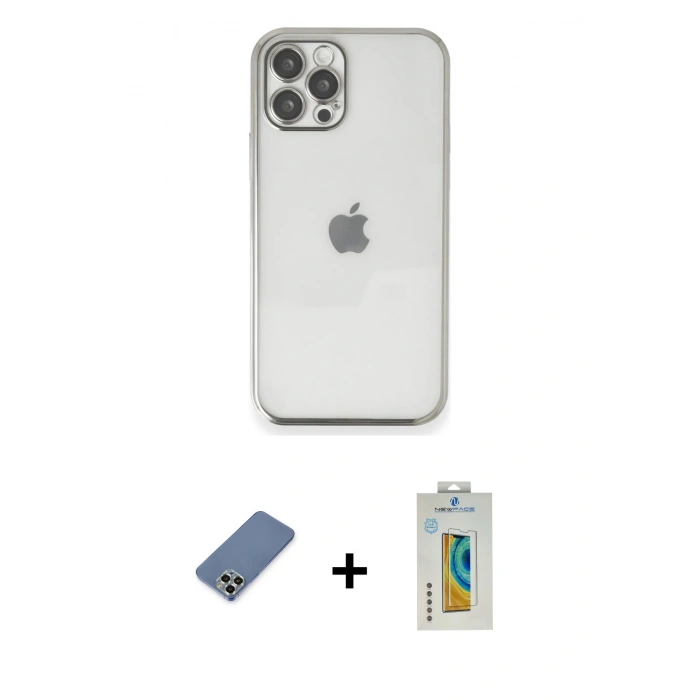 MARSİLYAN™- iPhone 12 Pro Kılıf Vadi Minimal - Siyah Polymer Nano Ekran Koruyucu + Metal Kamera Lens Koruma Cam - AKYL