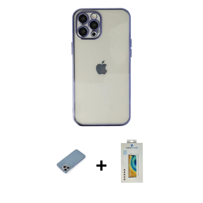 MARSİLYAN™- iPhone 12 Pro Kılıf Vadi Minimal - Siyah Polymer Nano Ekran Koruyucu + Gökkuşağı Shine Kamera Lens Koruma Cam