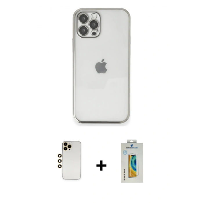 MARSİLYAN™- iPhone 12 Pro Kılıf Vadi Minimal - Siyah Polymer Nano Ekran Koruyucu + Gold Shine Kamera Lens