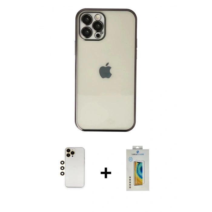 MARSİLYAN™- iPhone 12 Pro Kılıf Vadi Minimal - Siyah Polymer Nano Ekran Koruyucu + Gold Shine Kamera Lens